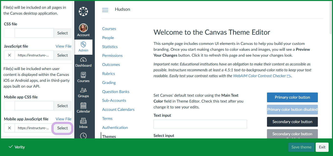 The canvas theme editor shows the option to upload a javascript file for mobile. 