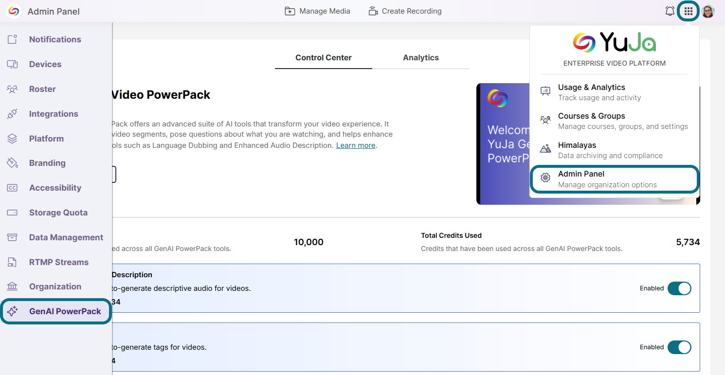 GenAI PowerPack tab is shown in the admin panel's ;eft-side menu.