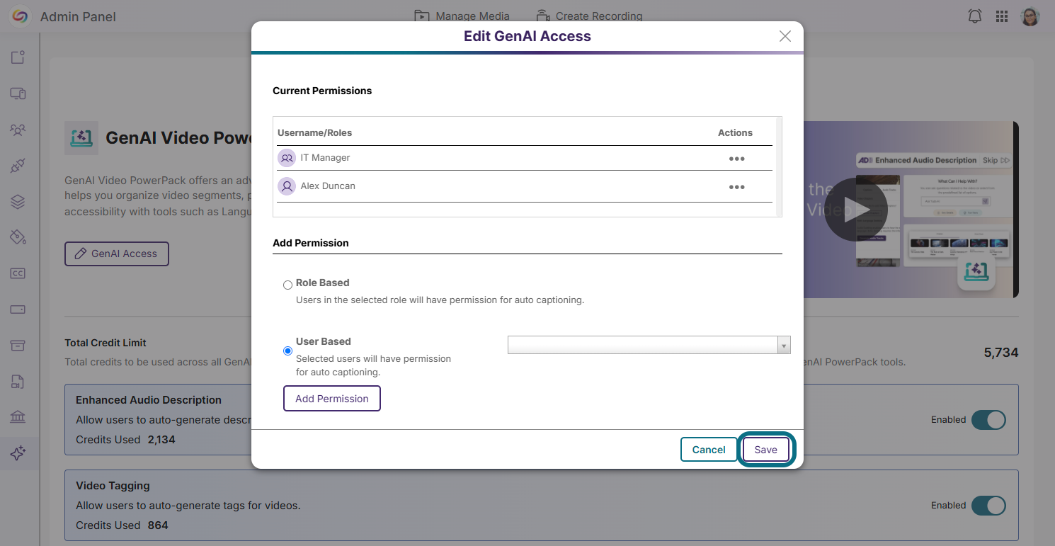 The save button for the GenAI access is shown.