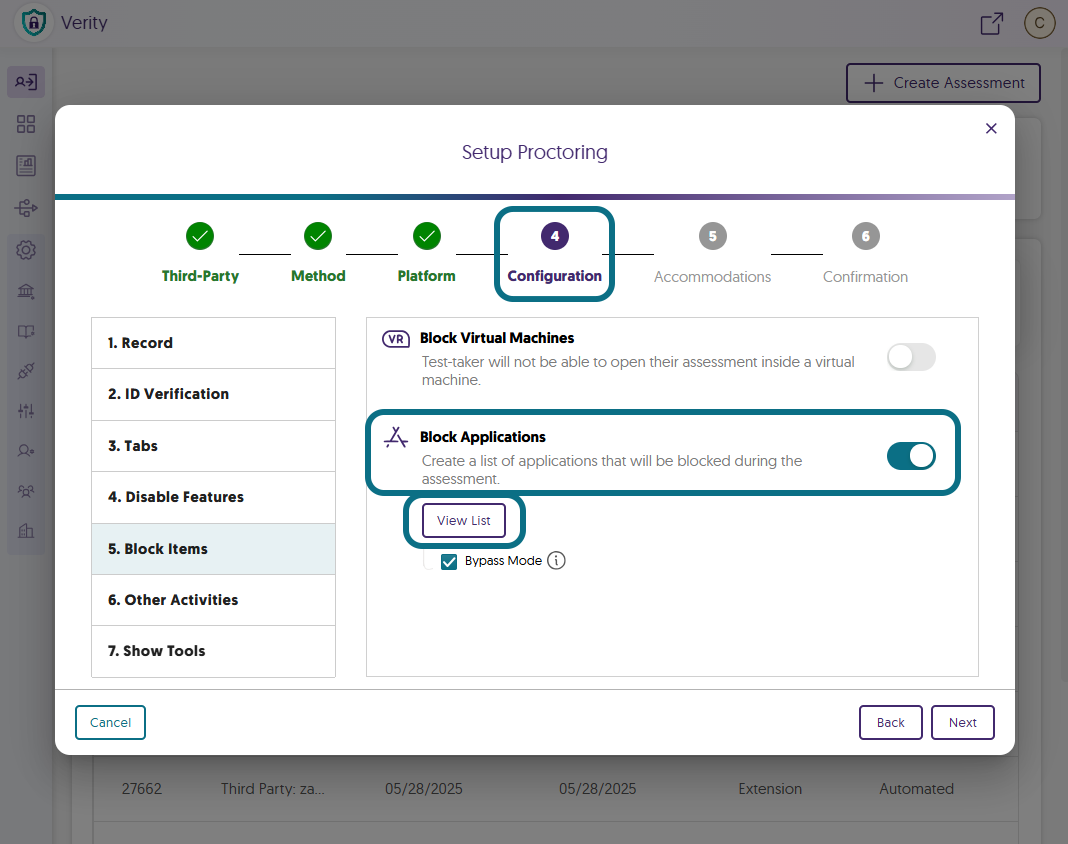 The Block Applications feature is within the Configuration step of the Setup Proctoring window.