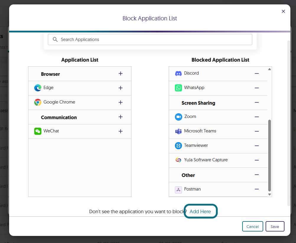 The Add Here button within the Block Application List.