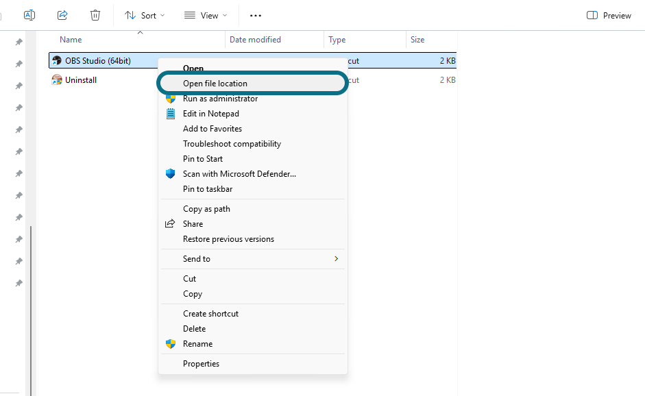 The Open file location button in the File Explorer.