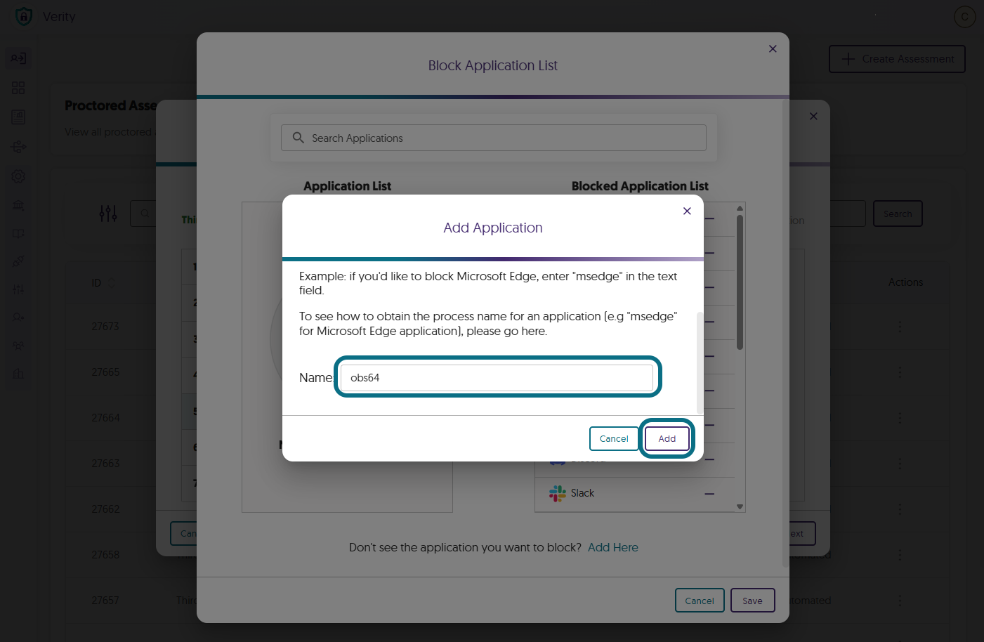 The Name field is highlighted in the Add Application window.
