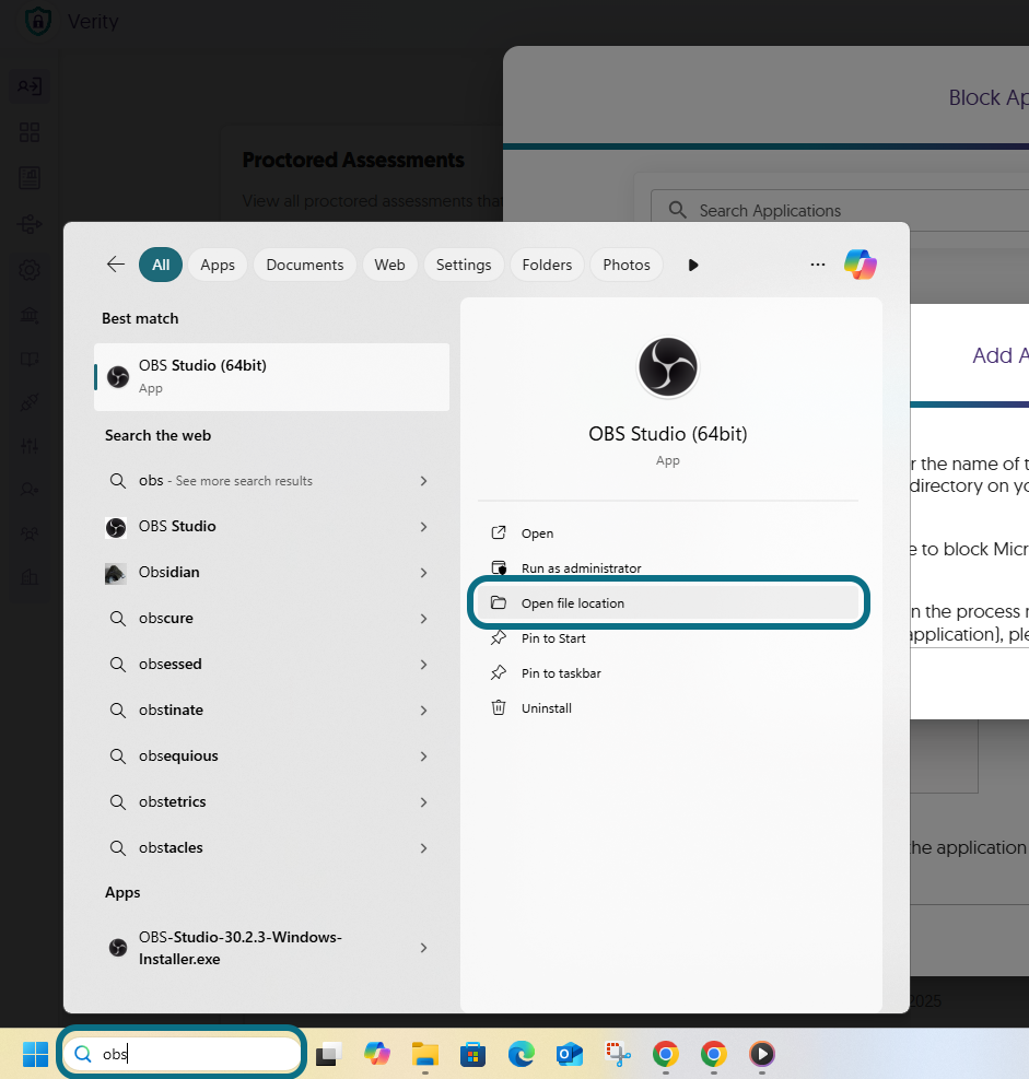 The Open file location button within the Start menu.