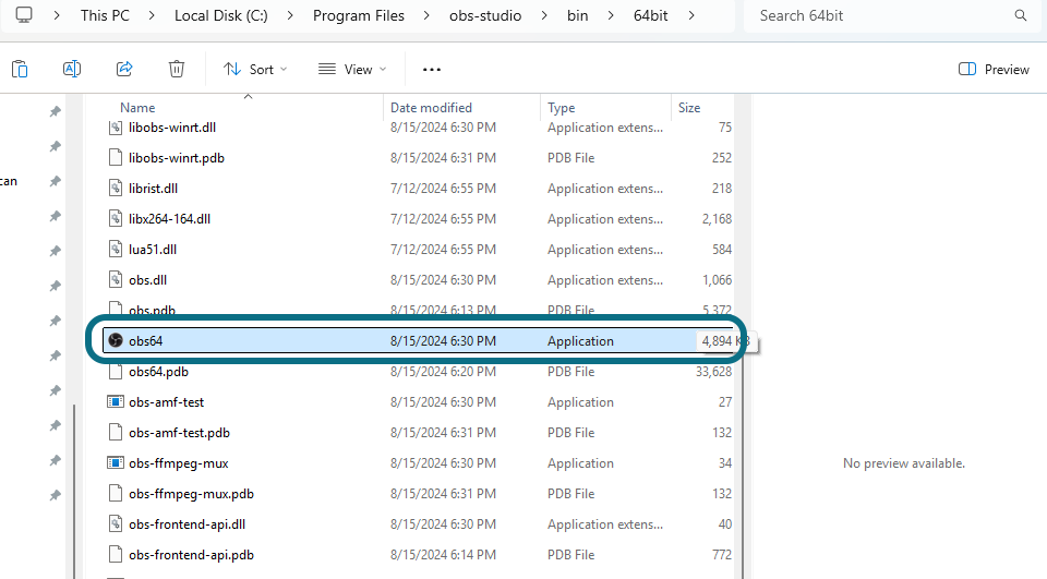The obs64 application is selected in the File Explorer.