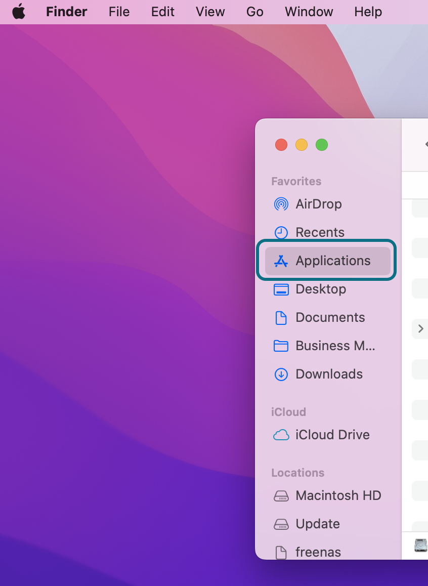The Applications button in the side navbar in Finder.