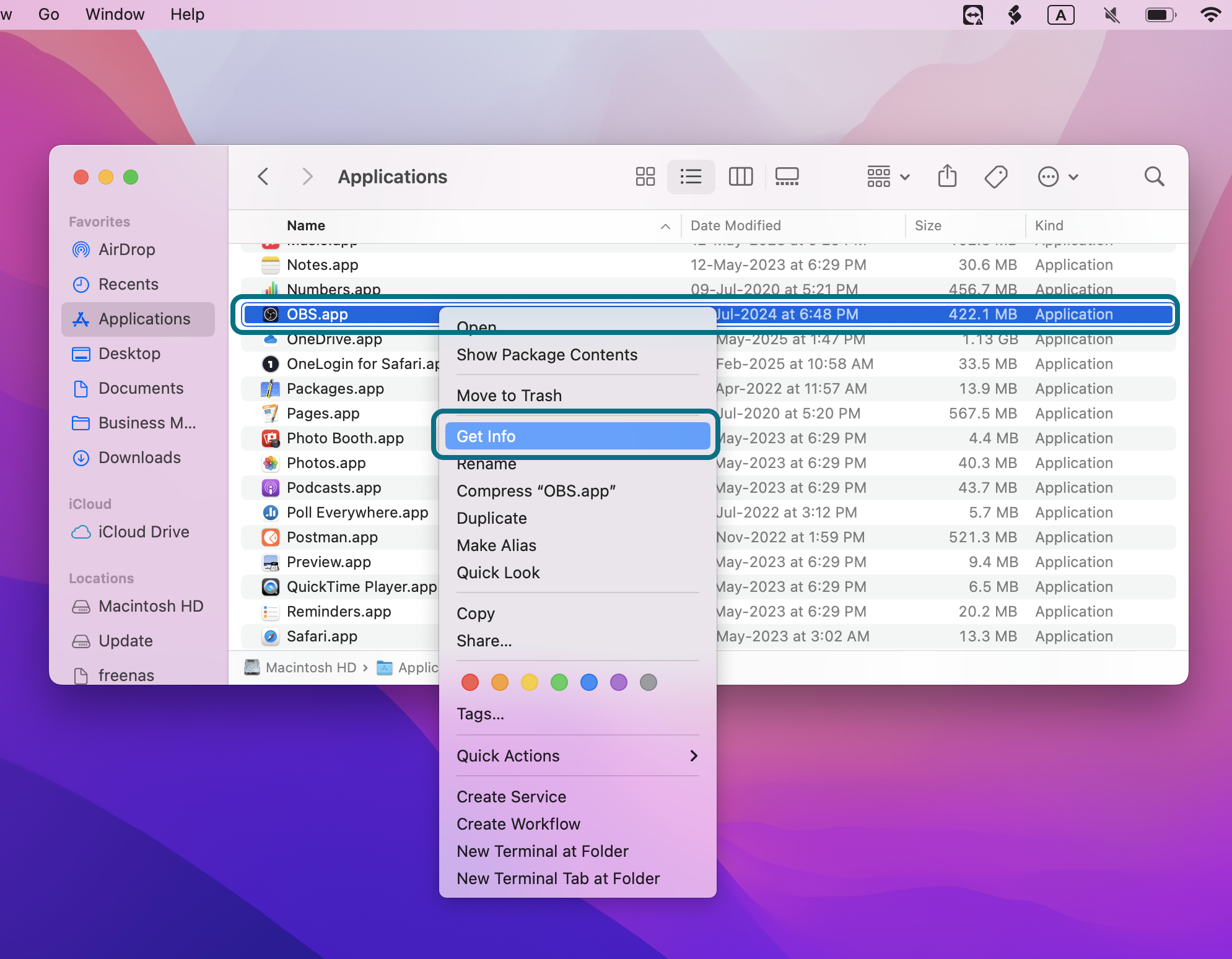 The application is selected in the Finder with the Get Info button highlighted.