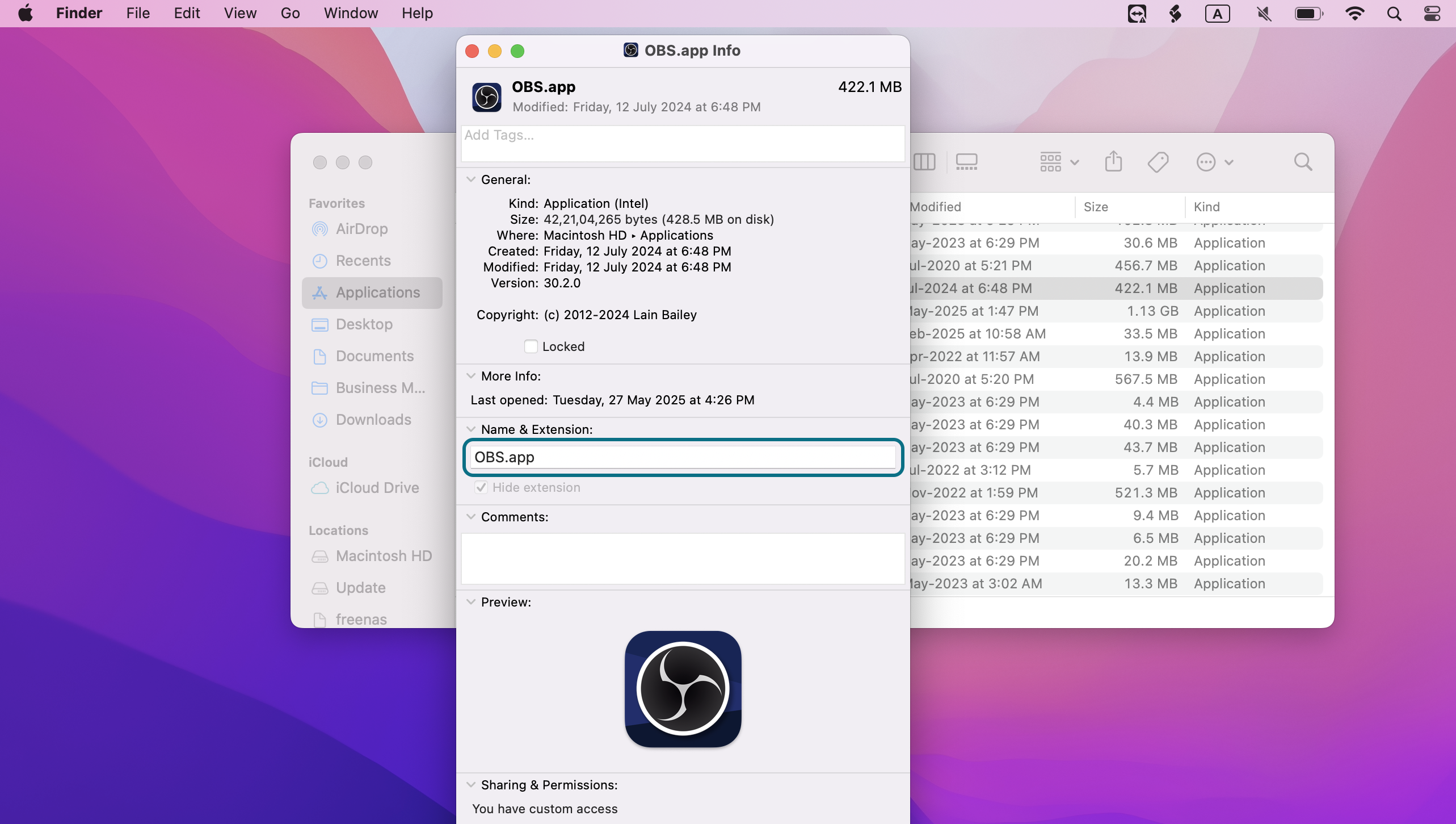 The Name & Extension field in the application info window.
