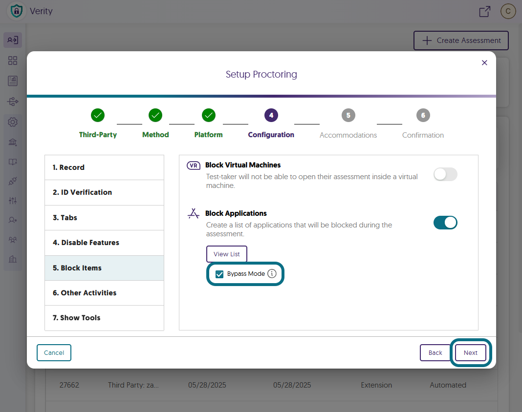 The Bypass mode of the Block Applications option.