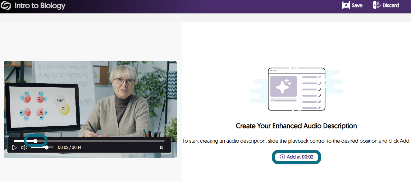 An image showing the creation of Enhanced Audio Description using the built-in editor.