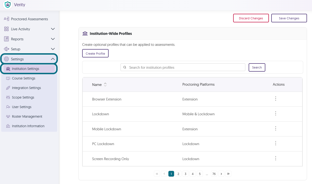 Institution settings within the settings page in Verity.
