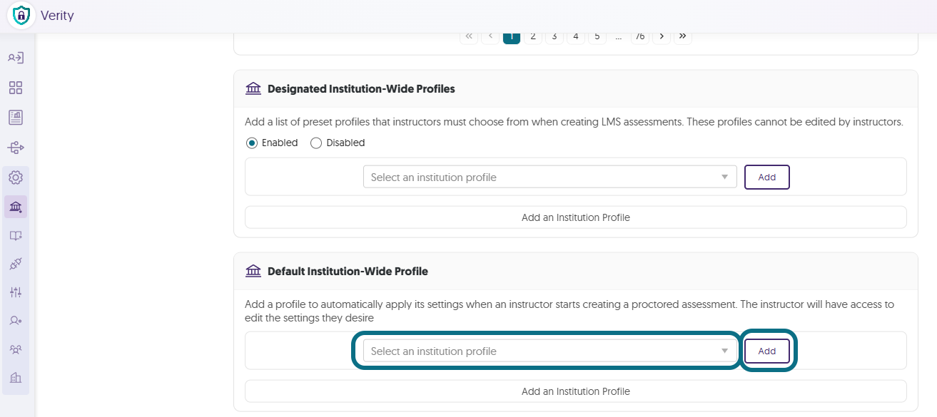 The default institution-wide profiles section within the institutional setting page.