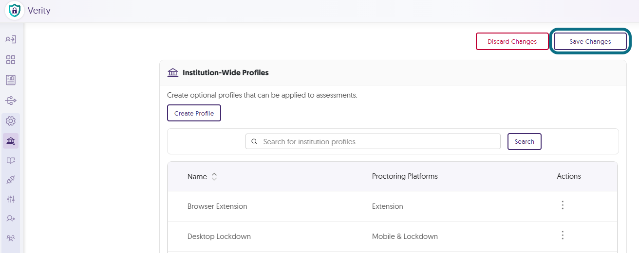 The save changes button within the institution settings page in Verity.