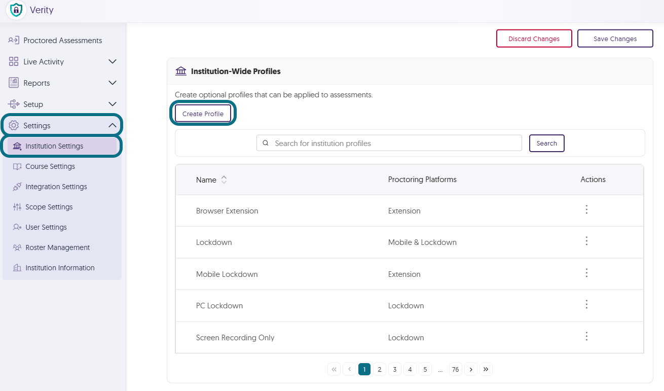 The Institution-Wide Profiles section is within the Institution Settings page in Verity.