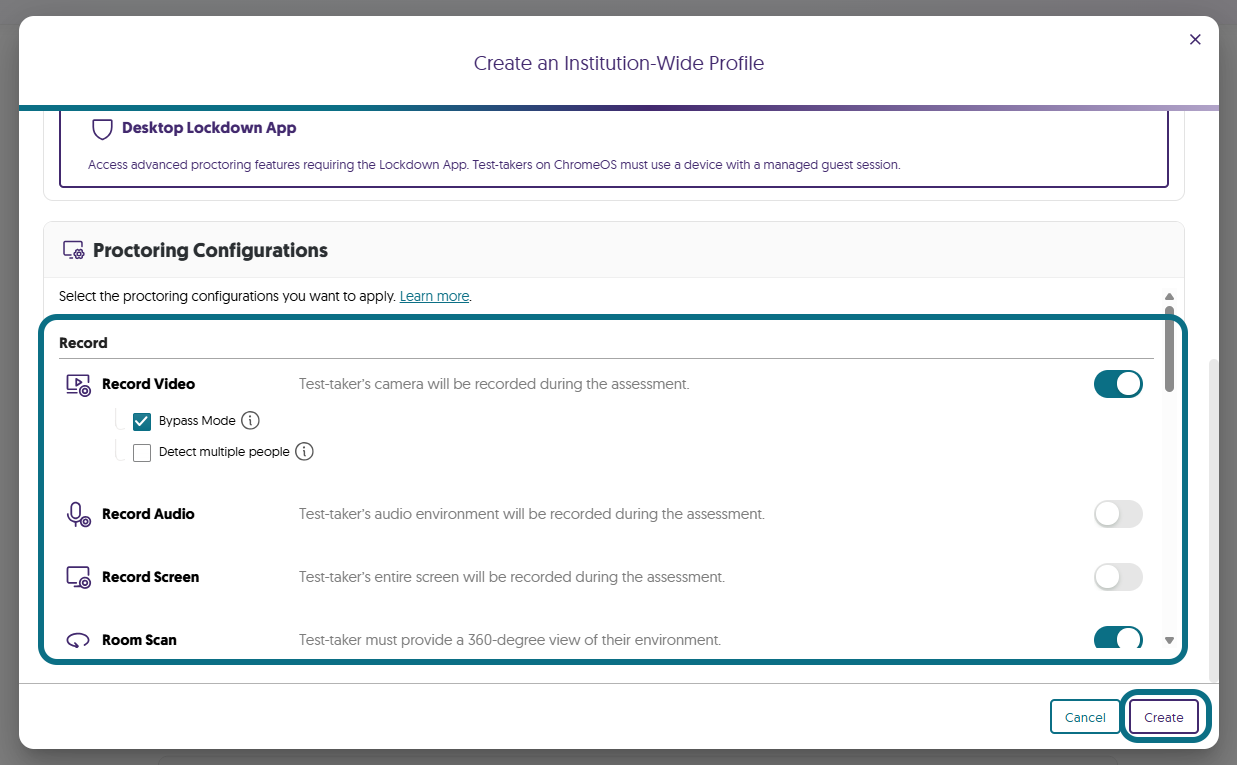 The proctor configurations section is highlighted in the profile creation window.