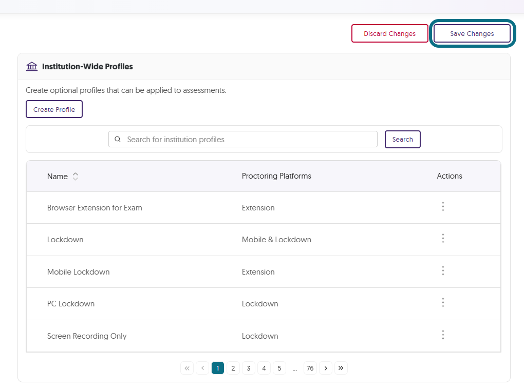 The Save Changes button is highlighted in the Institution Settings page.