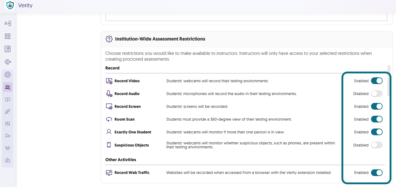 The institutional wide assessment restrictions within the institution settings page.