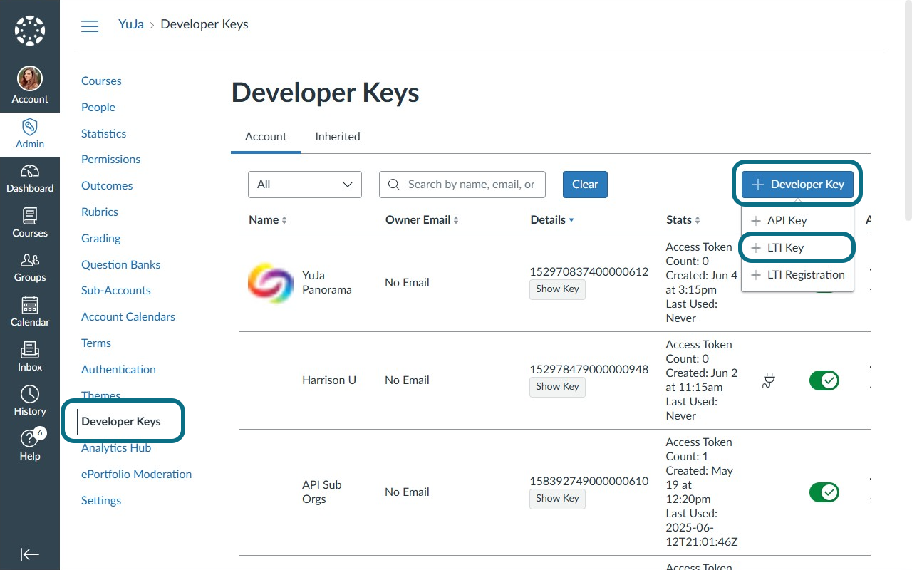 The add LTI key button within the Developer Keys section.