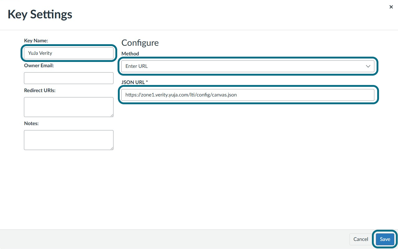 The Key Settings pop-up window.