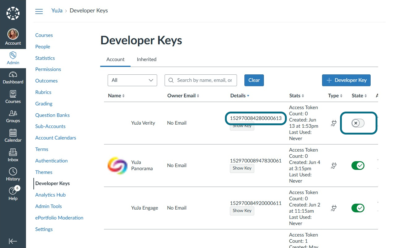 The toggle in the State column and the key are highlighted.