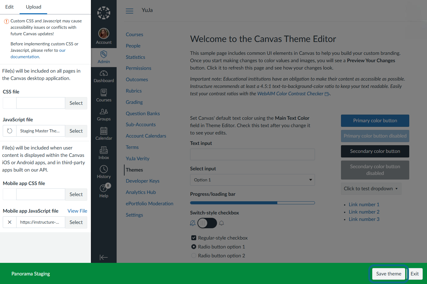 The Save theme button is highlighted.
