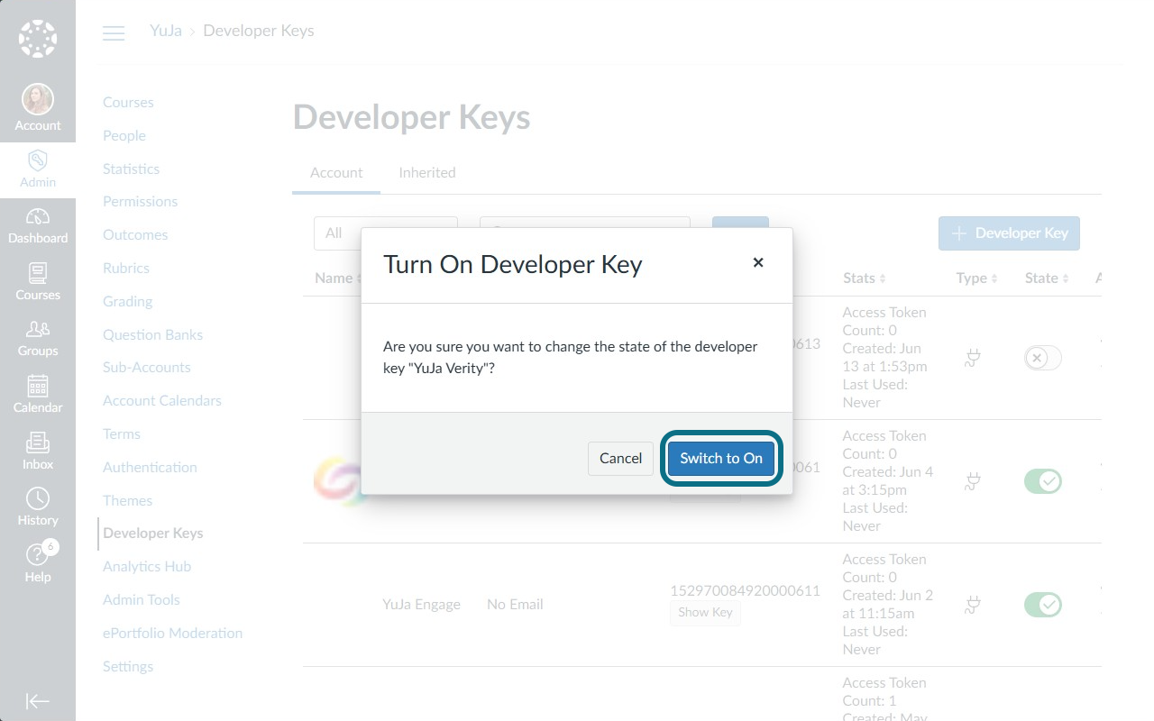 The Switch to On button in the Turn On Developer Key window.