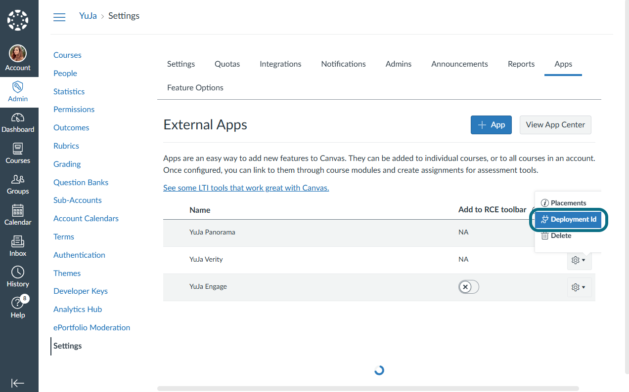 The Deployment Id option within the Settings menu.