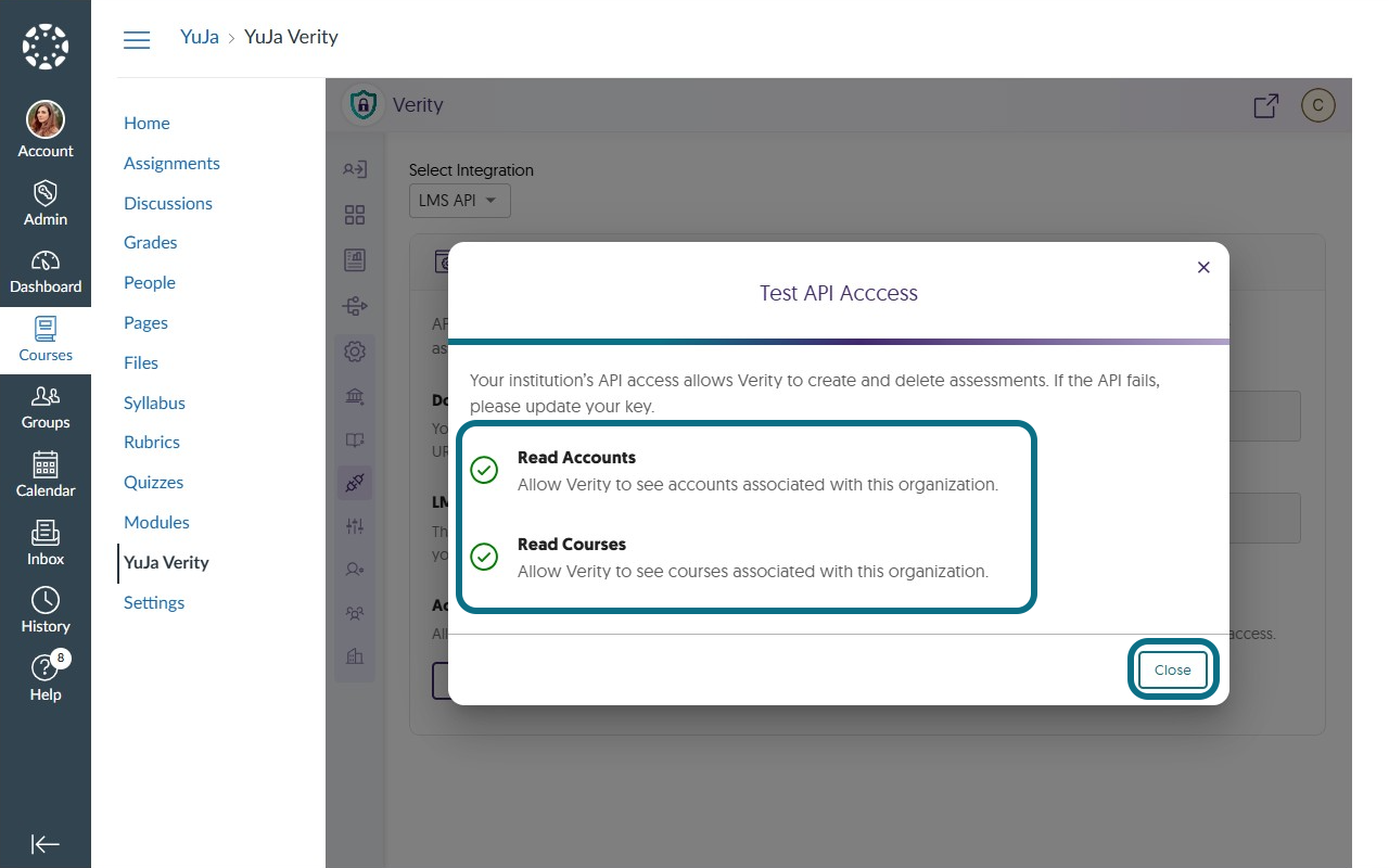 The Test API Access pop-up window.