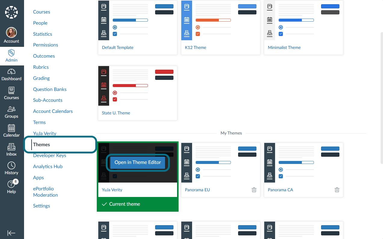 The Themes section is selected from the side navbar in Canvas.