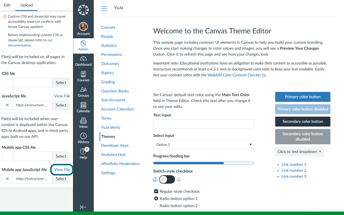 The View File button is highlighted in the Mobile app JavaScript file field.