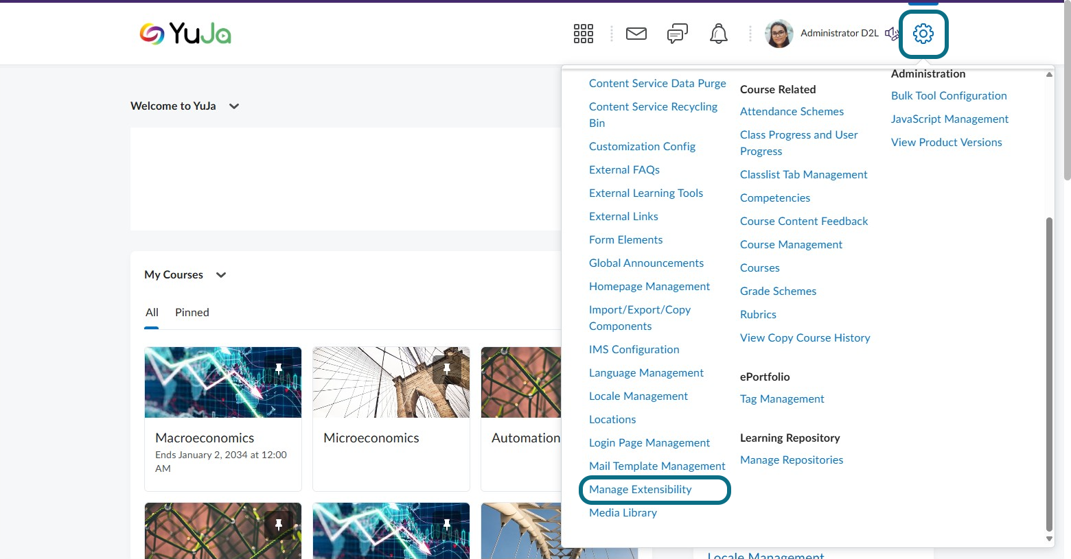 Manage Extensibility option within the settings menu.