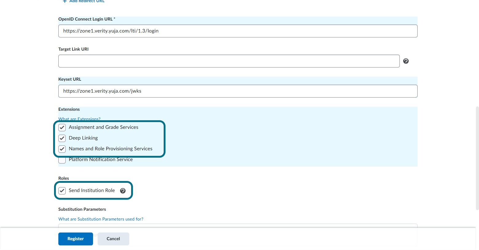 The Extensions and Roles checkboxes are highlighted. 