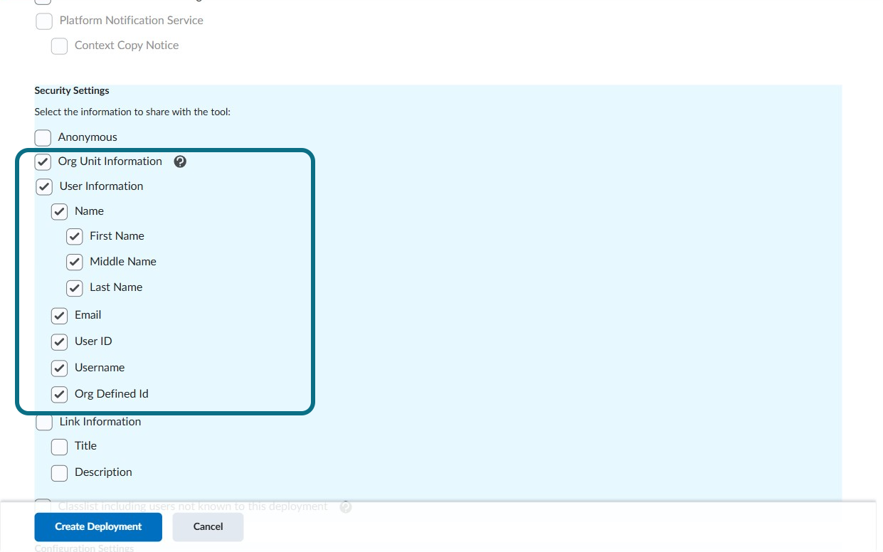 The checkboxes in the security settings field. width=