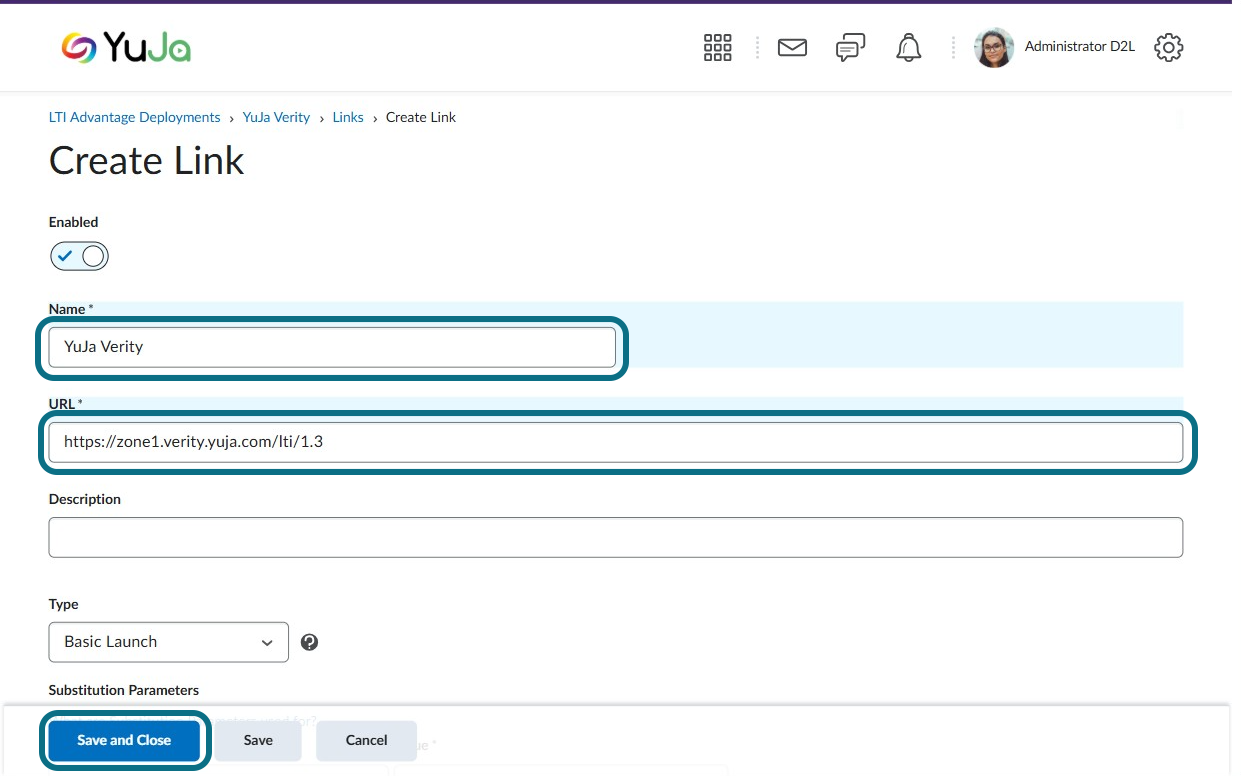The Create Link page with the Name and URL fields highlighted.