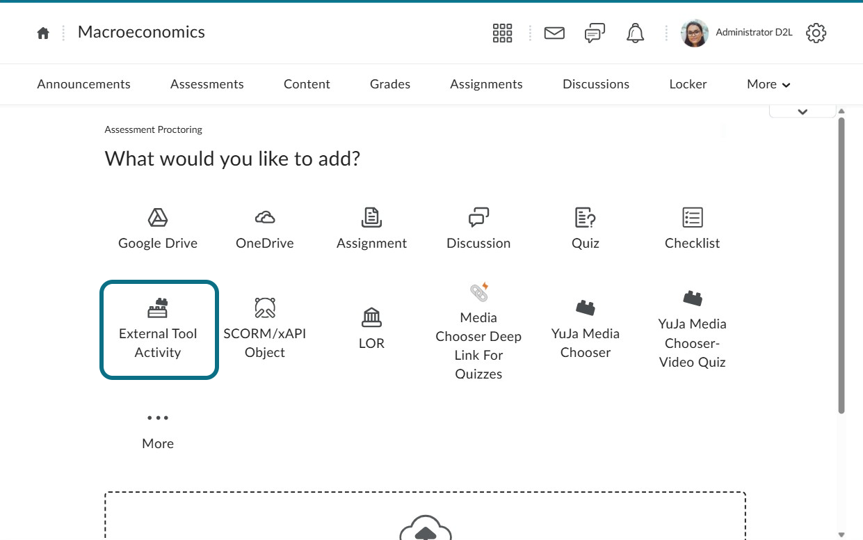 The external tool activity is selected.