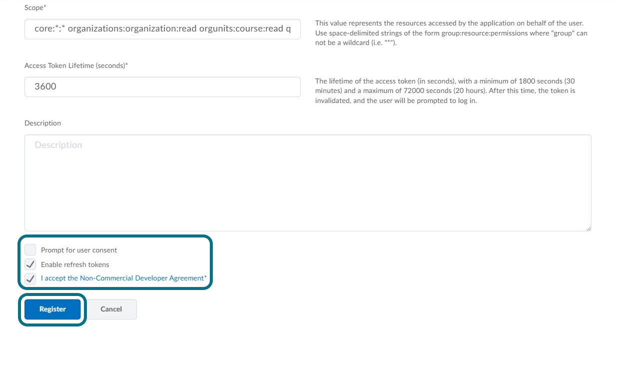 The checkboxes and the register button are highlighted. 