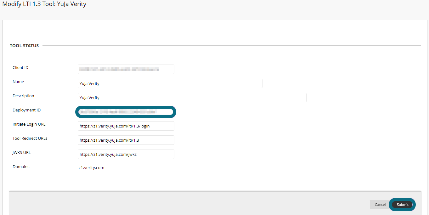 Deployment ID and the submit button is highlighted.