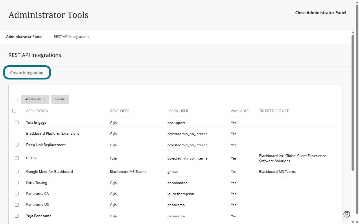 create integration button is selected in the REST API integrations page.