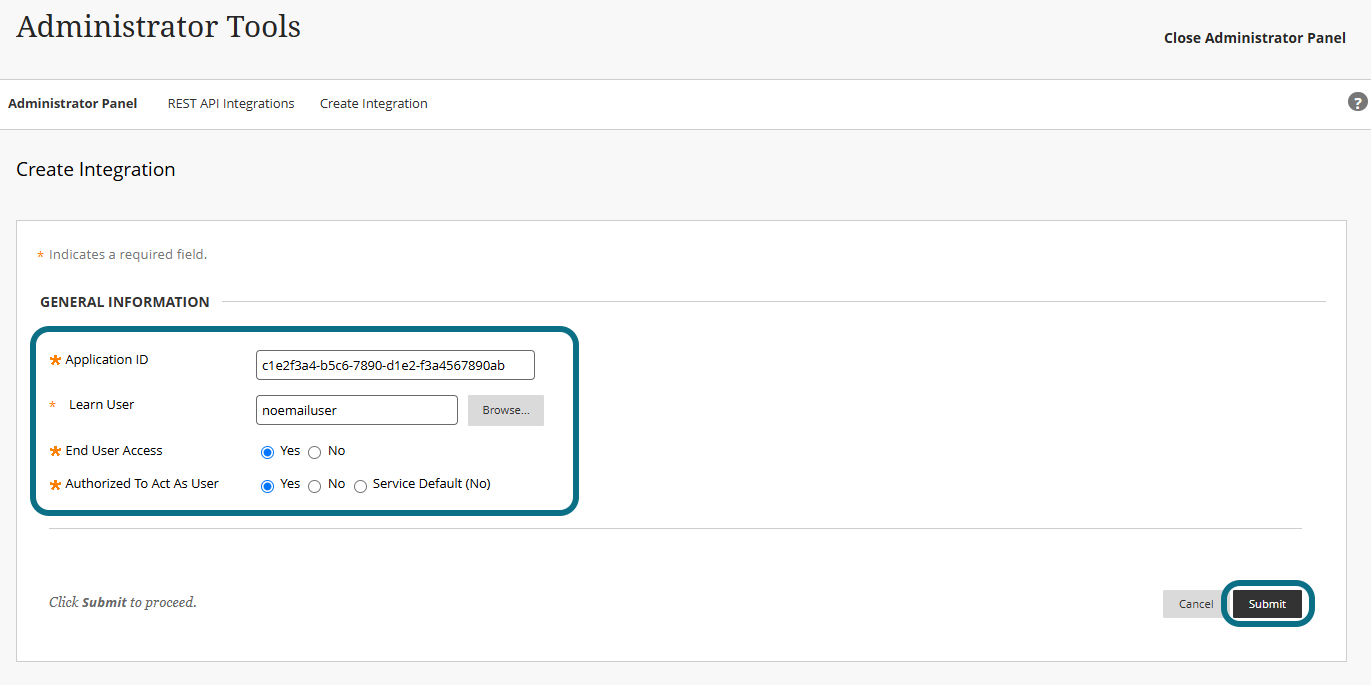 The general information field and the submit button are highlighted.
