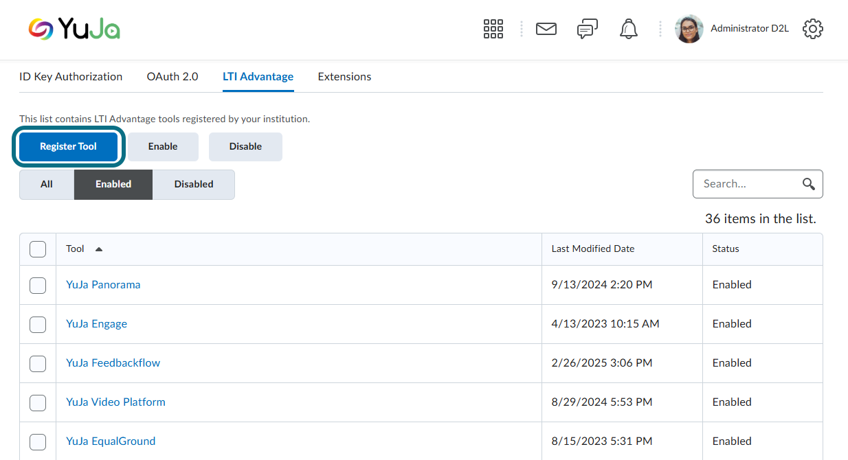 Register tool button within the LTI Advantage page.