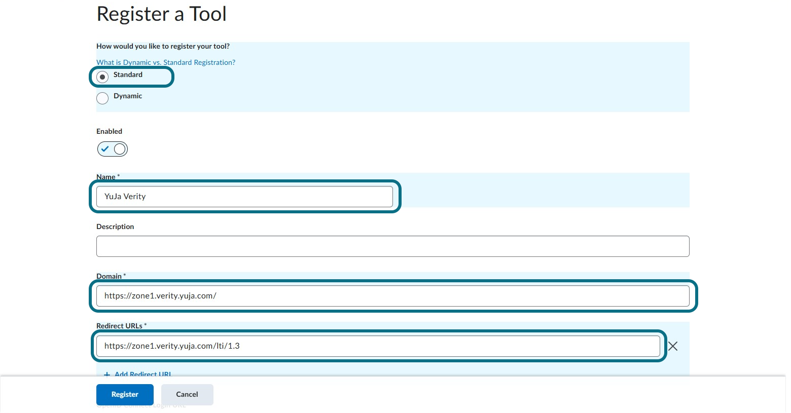 The Register a Tool page.