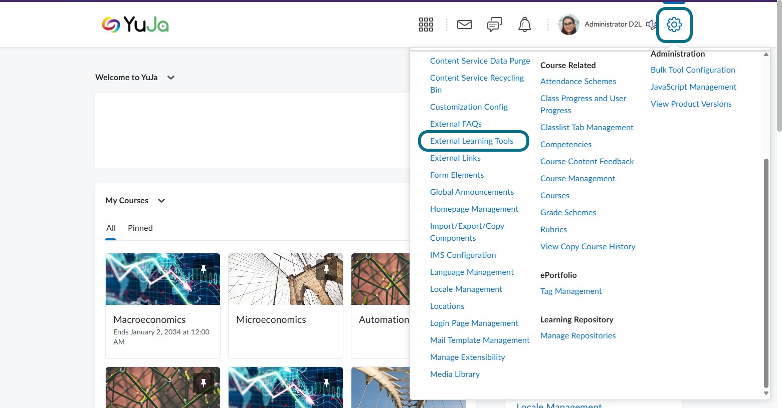 The External Learning Tools option within the Settings menu.