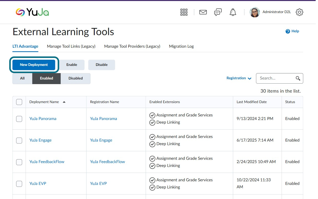 The new deployment button within the External Learning Tools page.