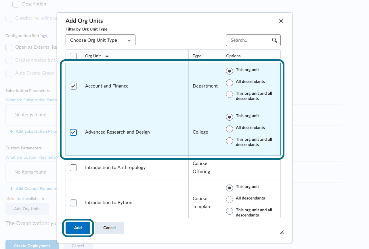 The units options are highlighted in the Add Org Units window.