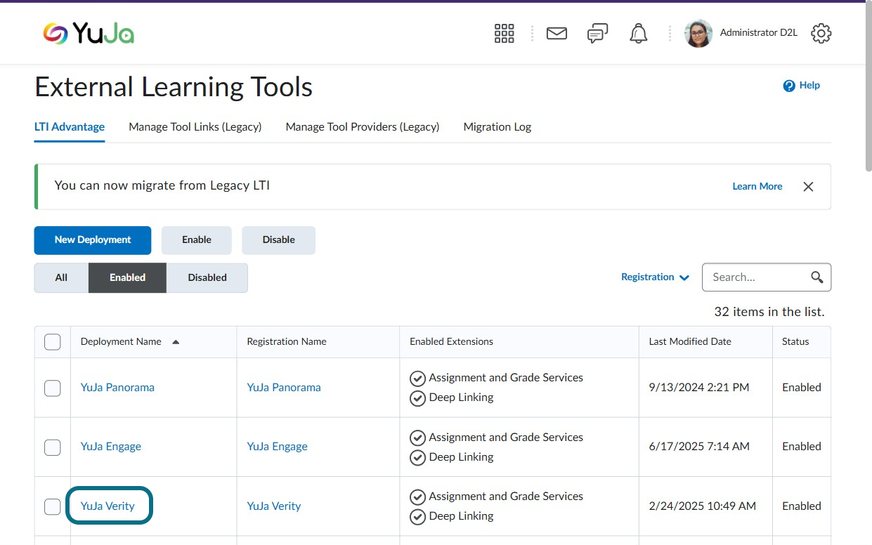 Verity tool selection in the External Leaning Tools page.