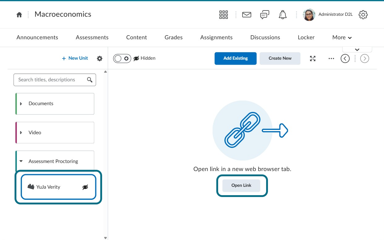 The Open Link button within the Verity unit.