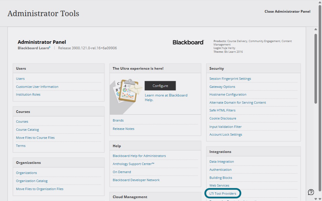 LTI Tools Providers is selected in the Administrator Tools page.