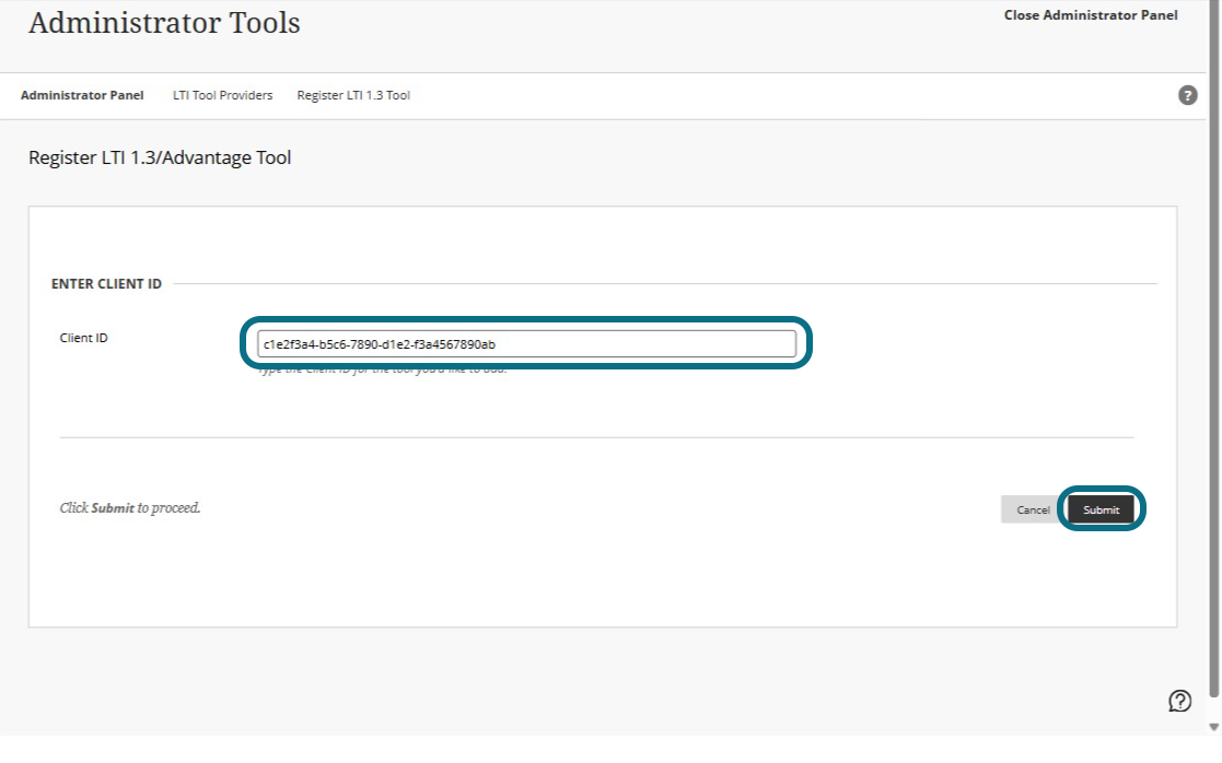 client ID field and submit button is highlighted.