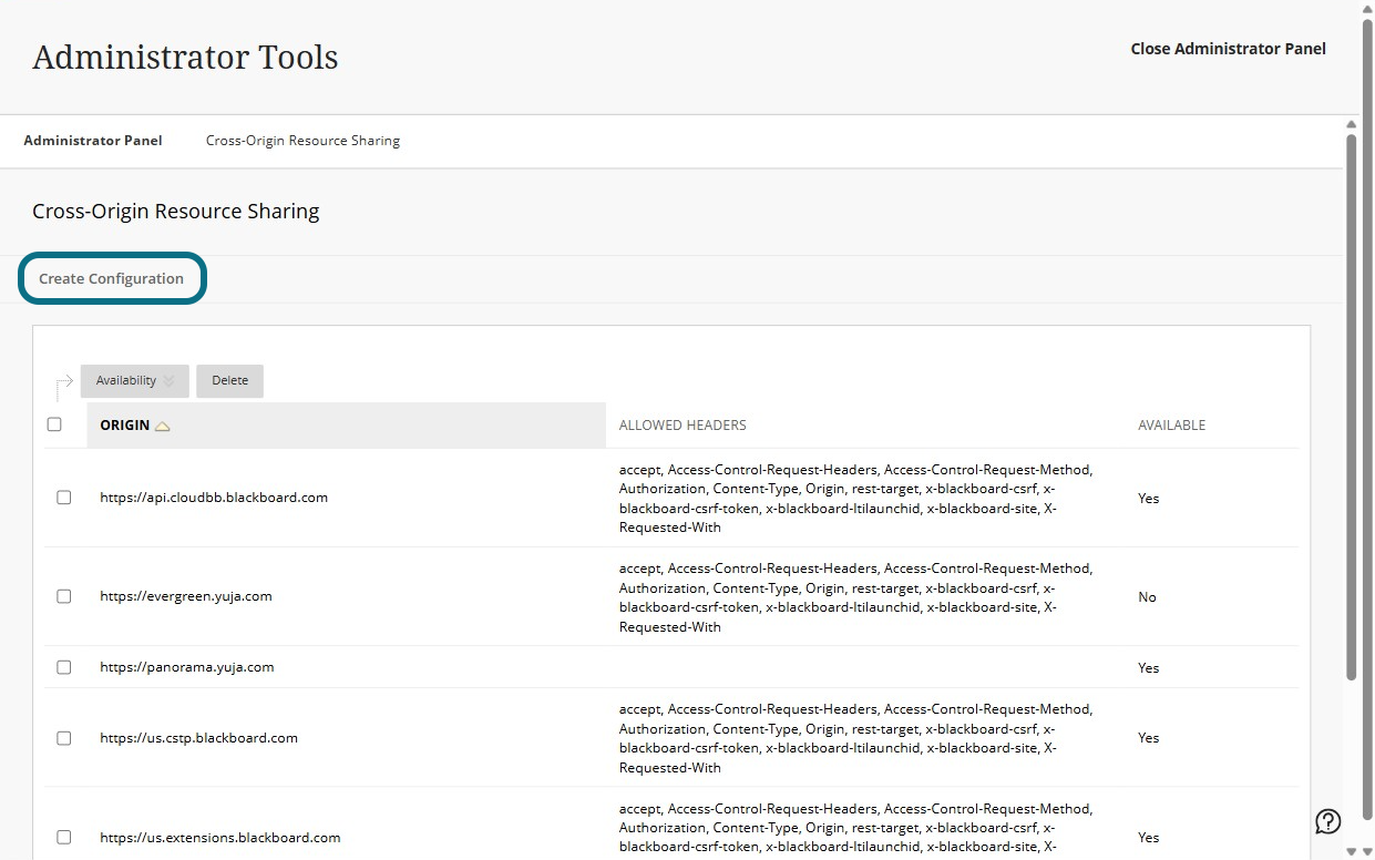create integration button is selected in the cross origin resource sharing page.