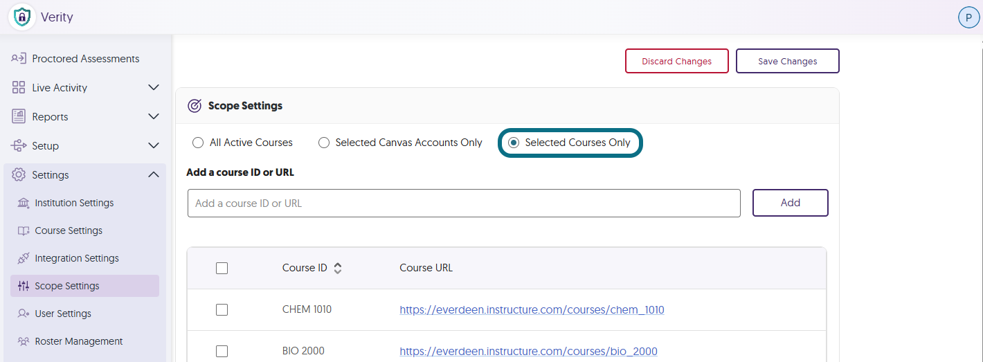 Verity selected courses only